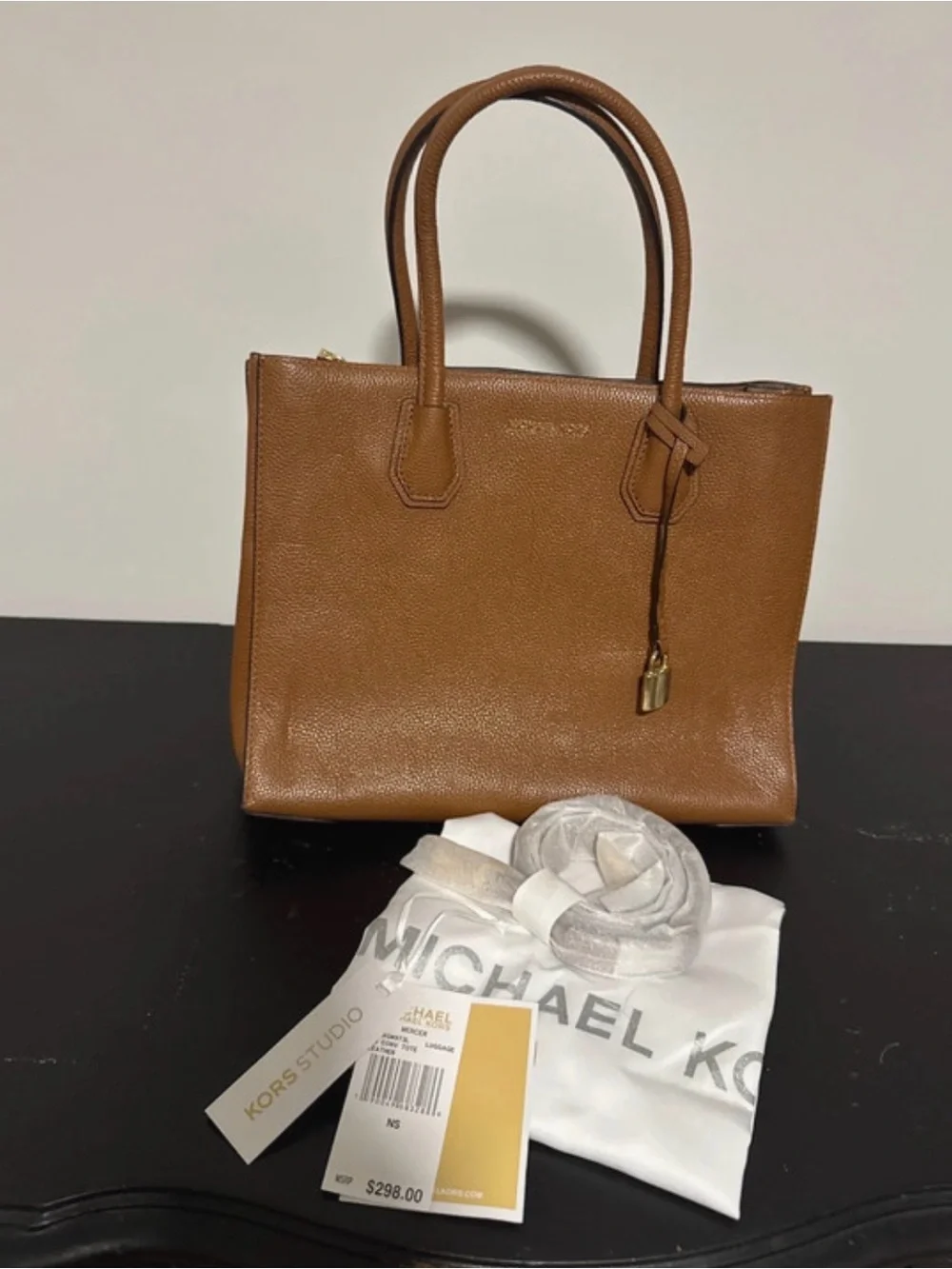 Michael Kors Cognac Pebbled Leather Satchel with Gold Hardware Mercer Large